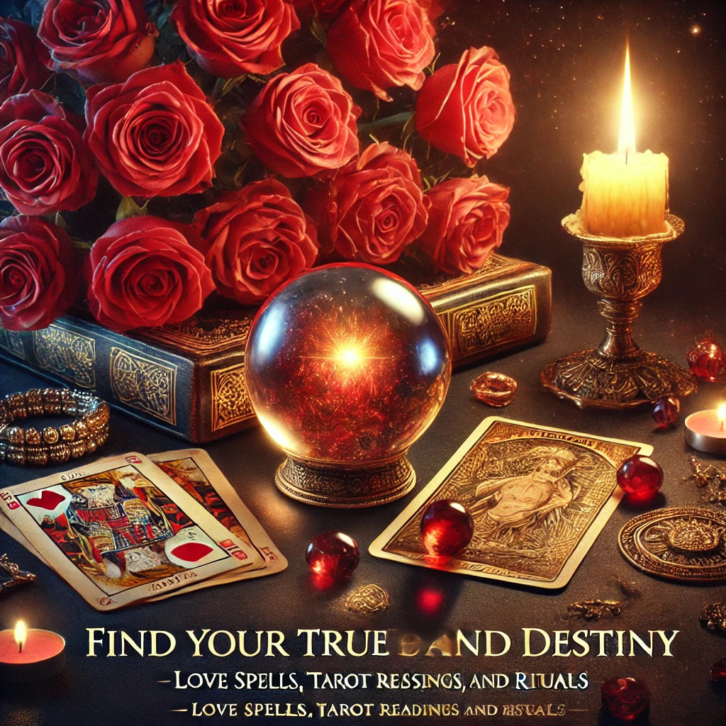 “Altar esotérico con esfera de cristal, cartas del tarot y vela encendida, utilizado en rituales de amor y lecturas espirituales”.